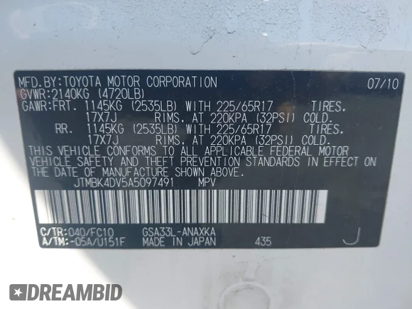 ✅ 2010 Toyota RAV4 • VIN: JTMBK4DV5A5097491 • Lot: 44507162. Wystawiony na IAAI z przebiegiem 91 606 mil. Bezpłatny archiwum sprzedaży aukcyjnych z USA i szczegółowy raport historii pojazdu na DreamBid. Zdjęcie 9.