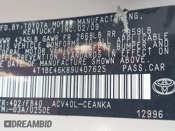 ✅ 2009 Toyota Camry LE • VIN: 4T1BE46K89U407625 • Lot: 44144474. Wystawiony na IAAI z przebiegiem 186 764 mil. Bezpłatny archiwum sprzedaży aukcyjnych z USA i szczegółowy raport historii pojazdu na DreamBid. Zdjęcie 9.