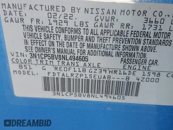 ✅ 2022 Nissan Kicks S • VIN: 3N1CP5BV8NL494605 • Lot: 44164882. Wystawiony na IAAI z przebiegiem 36 641 mil. Bezpłatny archiwum sprzedaży aukcyjnych z USA i szczegółowy raport historii pojazdu na DreamBid. Zdjęcie 9.