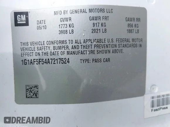 ✅ 2010 Chevrolet Cobalt 2LT • VIN: 1G1AF5F54A7217524 • Lot: 42338046. Wystawiony na IAAI z przebiegiem Nie podano. Bezpłatny archiwum sprzedaży aukcyjnych z USA i szczegółowy raport historii pojazdu na DreamBid. Zdjęcie 9.