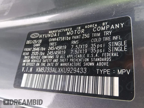 ✅ 2019 Hyundai Tucson Ultimate • VIN: KM8J33ALXKU929433 • Lot: 45109205. Wystawiony na IAAI z przebiegiem 92 408 mil. Bezpłatny archiwum sprzedaży aukcyjnych z USA i szczegółowy raport historii pojazdu na DreamBid. Zdjęcie 9.