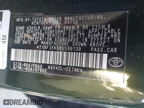 ✅ 2011 Toyota Camry SE • VIN: 4T1BF3EK6BU599139 • Lot: 45329264. Wystawiony na IAAI z przebiegiem 278 176 mil. Bezpłatny archiwum sprzedaży aukcyjnych z USA i szczegółowy raport historii pojazdu na DreamBid. Zdjęcie 9.