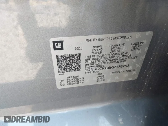 ✅ 2019 Chevrolet Tahoe Premier • VIN: 1GNSCCKC5KR176752 • Lot: 42181943. Wystawiony na IAAI z przebiegiem 182 829 mil. Bezpłatny archiwum sprzedaży aukcyjnych z USA i szczegółowy raport historii pojazdu na DreamBid. Zdjęcie 9.