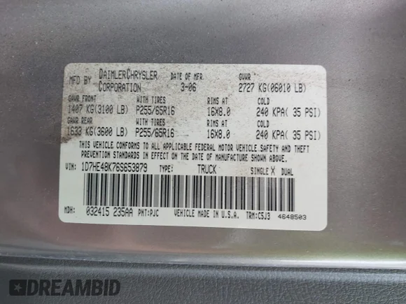 ✅ 2006 Dodge Dakota SLT • VIN: 1D7HE48K76S653879 • Лот: 42163954. Опубліковано раніше на IAAI з пробігом 129 955 миль. Безкоштовний доступ до архіву аукціонних продажів зі США та докладний звіт про історію автомобіля на DreamBid. Зображення 9.