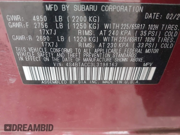 ✅ 2020 Subaru Outback Premium • VIN: 4S4BTACC3L3198163 • Lot: 43907830. Listed on IAAI with 73,167 mi. Free auction sales archive from the USA and detailed vehicle history report at DreamBid. Image 9.