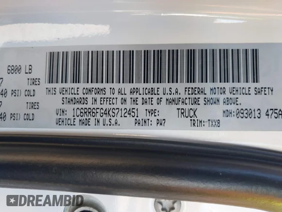 ✅ 2019 Ram 1500 Tradesman • VIN: 1C6RR6FG4KS712451 • Lot: 43528402. Listed on IAAI with 170,630 mi. Free auction sales archive from the USA and detailed vehicle history report at DreamBid. Image 9.