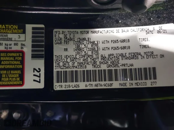 ✅ 2021 Toyota Tacoma Limited • VIN: 3TMGZ5AN1MM433518 • Lot: 44953125. Wystawiony na IAAI z przebiegiem 44 210 mil. Bezpłatny archiwum sprzedaży aukcyjnych z USA i szczegółowy raport historii pojazdu na DreamBid. Zdjęcie 9.