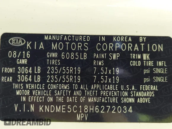 ✅ 2017 Kia Sedona SX-L • VIN: KNDME5C18H6272034 • Lot: 42693536. Wystawiony na IAAI z przebiegiem 102 537 mil. Bezpłatny archiwum sprzedaży aukcyjnych z USA i szczegółowy raport historii pojazdu na DreamBid. Zdjęcie 9.