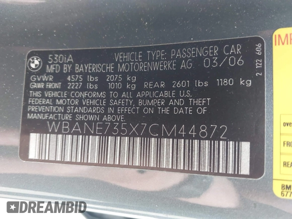 ✅ 2007 BMW 5 Series 530i • VIN: WBANE735X7CM44872 • Lot: 44010662. Wystawiony na IAAI z przebiegiem 188 377 mil. Bezpłatny archiwum sprzedaży aukcyjnych z USA i szczegółowy raport historii pojazdu na DreamBid. Zdjęcie 9.