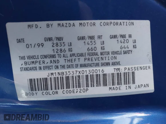 ✅ 1999 Mazda MX-5 Miata • VIN: JM1NB3537X0130016 • Lot: 44893031. Wystawiony na IAAI z przebiegiem 144 531 mil. Bezpłatny archiwum sprzedaży aukcyjnych z USA i szczegółowy raport historii pojazdu na DreamBid. Zdjęcie 9.
