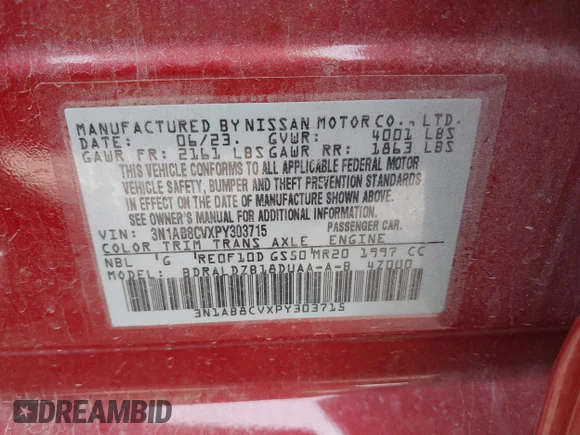 ✅ 2023 Nissan Sentra SV • VIN: 3N1AB8CVXPY303715 • Lot: 44329788. Wystawiony na IAAI z przebiegiem 49 380 mil. Bezpłatny archiwum sprzedaży aukcyjnych z USA i szczegółowy raport historii pojazdu na DreamBid. Zdjęcie 9.