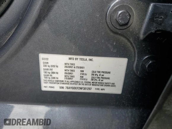 ✅ 2022 Tesla Model Y Performance • VIN: 7SAYGDEF2NF381297 • Лот: 73755462. Опубліковано раніше на Copart з пробігом 34 067 миль. Безкоштовний доступ до архіву аукціонних продажів зі США та докладний звіт про історію автомобіля на DreamBid. Зображення 14.