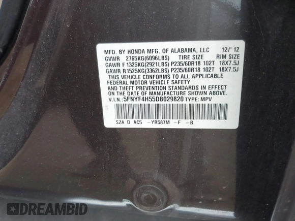 ✅ 2013 Honda Pilot EX-L • VIN: 5FNYF4H55DB029820 • Lot: 45183838. Listed on IAAI with 96,969 mi. Free auction sales archive from the USA and detailed vehicle history report at DreamBid. Image 9.
