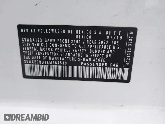 ✅ 2019 Volkswagen Jetta S • VIN: 3VWCB7BU1KM264549 • Lot: 44201081. Wystawiony na IAAI z przebiegiem 66 241 mil. Bezpłatny archiwum sprzedaży aukcyjnych z USA i szczegółowy raport historii pojazdu na DreamBid. Zdjęcie 9.