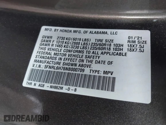 ✅ 2022 Honda Odyssey EX-L • VIN: 5FNRL6H76NB000709 • Lot: 44862483. Listed on IAAI with 211,244 mi. Free auction sales archive from the USA and detailed vehicle history report at DreamBid. Image 9.