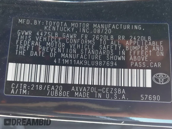 ✅ 2020 Toyota Camry SE • VIN: 4T1M11AK9LU987694 • Lot: 44292585. Wystawiony na IAAI z przebiegiem 73 826 mil. Bezpłatny archiwum sprzedaży aukcyjnych z USA i szczegółowy raport historii pojazdu na DreamBid. Zdjęcie 9.