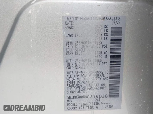 ✅ 2022 Nissan Pathfinder SV • VIN: 5N1DR3BB0NC239038 • Lot: 44889269. Wystawiony na IAAI z przebiegiem Nie podano. Bezpłatny archiwum sprzedaży aukcyjnych z USA i szczegółowy raport historii pojazdu na DreamBid. Zdjęcie 9.