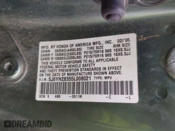 ✅ 2005 Honda Element LX • VIN: 5J6YH28355L008021 • Лот: 44085531. Опубліковано раніше на IAAI з пробігом 341 813 миль. Безкоштовний доступ до архіву аукціонних продажів зі США та докладний звіт про історію автомобіля на DreamBid. Зображення 9.