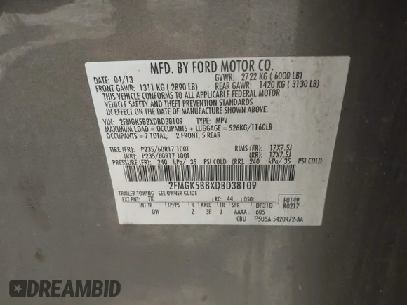 ✅ 2013 Ford Flex SE • VIN: 2FMGK5B8XDBD38109 • Лот: 42713019. Опубліковано раніше на IAAI з пробігом 181 162 миль. Безкоштовний доступ до архіву аукціонних продажів зі США та докладний звіт про історію автомобіля на DreamBid. Зображення 9.
