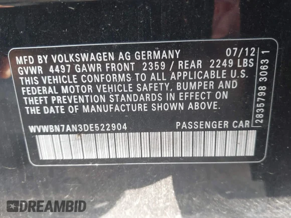 ✅ 2013 Volkswagen CC R-Line • VIN: WVWBN7AN3DE522904 • Lot: 42902107. Wystawiony na IAAI z przebiegiem 140 693 mil. Bezpłatny archiwum sprzedaży aukcyjnych z USA i szczegółowy raport historii pojazdu na DreamBid. Zdjęcie 9.