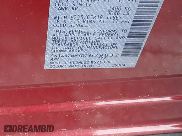 ✅ 2013 Nissan Pathfinder Platinum • VIN: 5N1AR2MM3DC679832 • Lot: 42769461. Listed on IAAI with 137,828 mi. Free auction sales archive from the USA and detailed vehicle history report at DreamBid. Image 9.