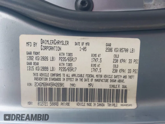 ✅ 2005 Chrysler Pacifica Touring • VIN: 2C4GM68445R426901 • Lot: 42882604. Wystawiony na IAAI z przebiegiem 364 544 mil. Bezpłatny archiwum sprzedaży aukcyjnych z USA i szczegółowy raport historii pojazdu na DreamBid. Zdjęcie 9.