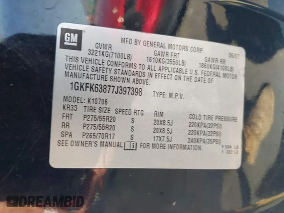✅ 2007 GMC Yukon Denali • VIN: 1GKFK63877J397398 • Lot: 43063070. Wystawiony na IAAI z przebiegiem 303 921 mil. Bezpłatny archiwum sprzedaży aukcyjnych z USA i szczegółowy raport historii pojazdu na DreamBid. Zdjęcie 9.