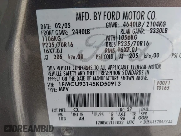 ✅ 2005 Ford Escape XLT • VIN: 1FMCU93145KD50913 • Lot: 45119345. Listed on IAAI with 217,912 mi. Free auction sales archive from the USA and detailed vehicle history report at DreamBid. Image 9.