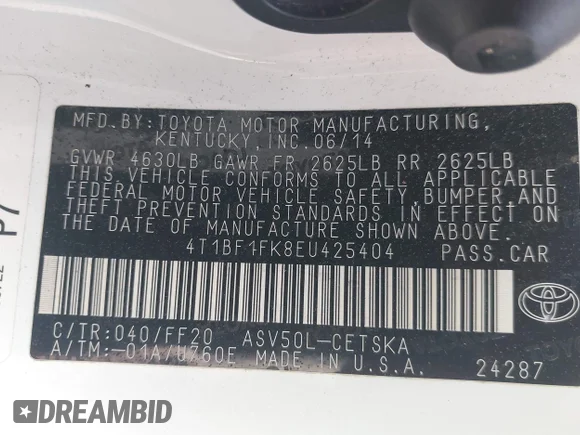 ✅ 2014 Toyota Camry SE • VIN: 4T1BF1FK8EU425404 • Lot: 43124981. Wystawiony na IAAI z przebiegiem 211 544 mil. Bezpłatny archiwum sprzedaży aukcyjnych z USA i szczegółowy raport historii pojazdu na DreamBid. Zdjęcie 9.