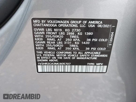✅ 2021 Volkswagen Atlas SE • VIN: 1V2HR2CA3MC605707 • Lot: 43521070. Wystawiony na IAAI z przebiegiem 45 872 mil. Bezpłatny archiwum sprzedaży aukcyjnych z USA i szczegółowy raport historii pojazdu na DreamBid. Zdjęcie 9.