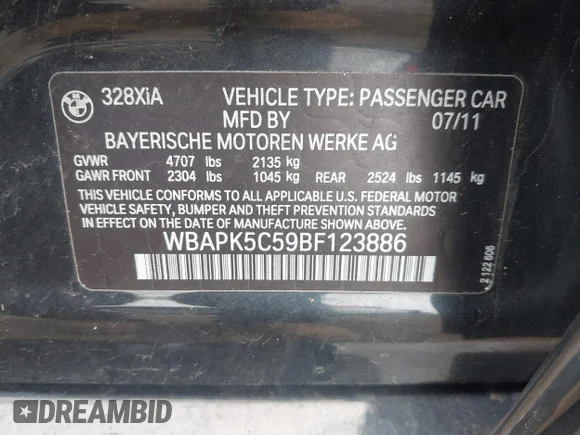✅ 2011 BMW 3 Series 328i xDrive • VIN: WBAPK5C59BF123886 • Lot: 44699293. Listed on IAAI with 142,973 mi. Free auction sales archive from the USA and detailed vehicle history report at DreamBid. Image 9.