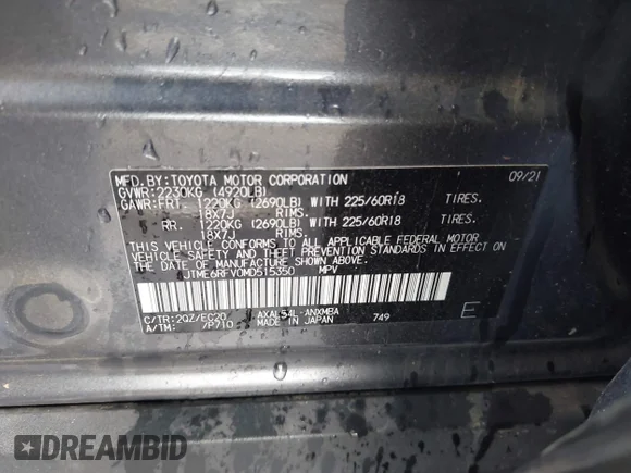 ✅ 2021 Toyota RAV4 Hybrid XSE • VIN: JTME6RFV0MD515350 • Lot: 44201808. Listed on IAAI with 105,087 mi. Free auction sales archive from the USA and detailed vehicle history report at DreamBid. Image 9.