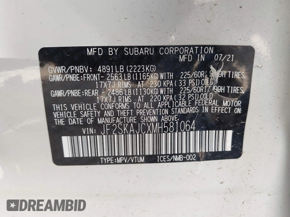 ✅ 2021 Subaru Forester Premium • VIN: JF2SKAJCXMH581064 • Lot: 44696383. Wystawiony na IAAI z przebiegiem 15 577 mil. Bezpłatny archiwum sprzedaży aukcyjnych z USA i szczegółowy raport historii pojazdu na DreamBid. Zdjęcie 9.