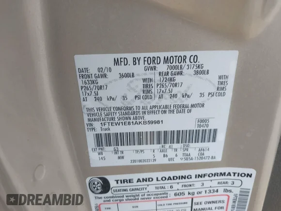 ✅ 2010 Ford F-150 XL • VIN: 1FTEW1E81AKB59981 • Лот: 45123971. Опубликован ранее на IAAI с пробегом 197 903 миль. Бесплатный доступ к архиву аукционных продаж из США и подробный отчёт об истории автомобиля на DreamBid. Изображение 9.
