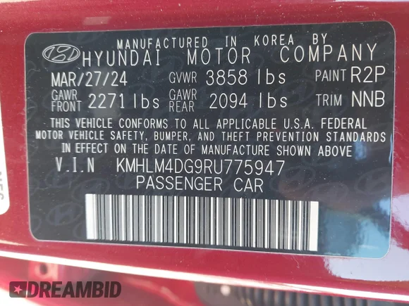 ✅ 2024 Hyundai Elantra SEL • VIN: KMHLM4DG9RU775947 • Lot: 43905275. Wystawiony na IAAI z przebiegiem 24 890 mil. Bezpłatny archiwum sprzedaży aukcyjnych z USA i szczegółowy raport historii pojazdu na DreamBid. Zdjęcie 9.