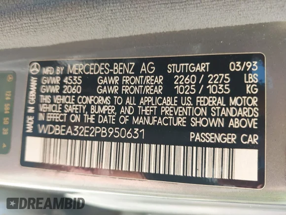 ✅ 1993 Mercedes-Benz E 320 • VIN: WDBEA32E2PB950631 • Лот: 41835262. Опубліковано раніше на IAAI з пробігом 155 114 миль. Безкоштовний доступ до архіву аукціонних продажів зі США та докладний звіт про історію автомобіля на DreamBid. Зображення 9.
