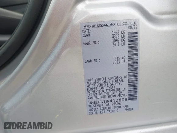 ✅ 2025 Nissan Altima SV • VIN: 1N4BL4DV1SN412808 • Lot: 45445812. Listed on IAAI with 24,549 mi. Free auction sales archive from the USA and detailed vehicle history report at DreamBid. Image 9.