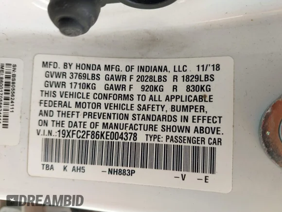 ✅ 2019 Honda Civic Sport • VIN: 19XFC2F86KE004378 • Lot: 42307635. Listed on IAAI with 65,472 mi. Free auction sales archive from the USA and detailed vehicle history report at DreamBid. Image 9.