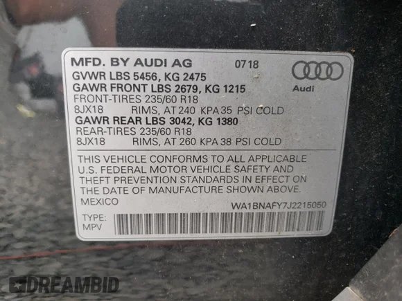 ✅ 2018 Audi Q5 Premium Plus • VIN: WA1BNAFY7J2215050 • Lot: 64851064. Wystawiony na Copart z przebiegiem 50 414 mil. Bezpłatny archiwum sprzedaży aukcyjnych z USA i szczegółowy raport historii pojazdu na DreamBid. Zdjęcie 14.