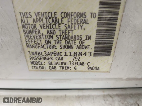 ✅ 2017 Nissan Altima SR • VIN: 1N4BL3AP6HC118843 • Lot: 43312053. Listed on IAAI with 136,633 mi. Free auction sales archive from the USA and detailed vehicle history report at DreamBid. Image 9.