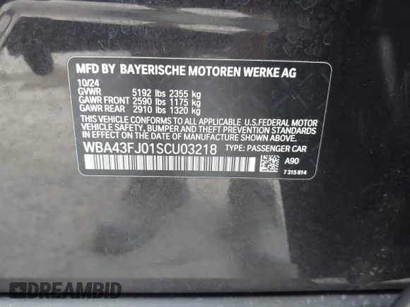 ✅ 2025 BMW 5 Series 530i • VIN: WBA43FJ01SCU03218 • Лот: 43237976. Опубликован ранее на IAAI с пробегом 19 339 миль. Бесплатный доступ к архиву аукционных продаж из США и подробный отчёт об истории автомобиля на DreamBid. Изображение 9.