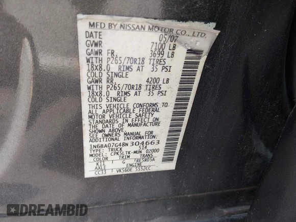 ✅ 2008 Nissan Titan SE • VIN: 1N6BA07G48N304663 • Lot: 45166739. Wystawiony na IAAI z przebiegiem Nie podano. Bezpłatny archiwum sprzedaży aukcyjnych z USA i szczegółowy raport historii pojazdu na DreamBid. Zdjęcie 9.
