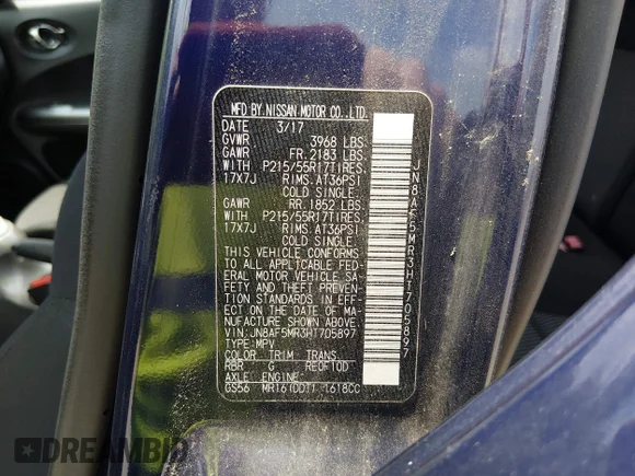 ✅ 2017 Nissan Juke SV • VIN: JN8AF5MR3HT705897 • Lot: 45401555. Listed on IAAI with 92,076 mi. Free auction sales archive from the USA and detailed vehicle history report at DreamBid. Image 9.