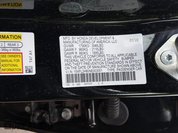 ✅ 2022 Honda Civic Sport • VIN: 19XFL2H80NE003051 • Lot: 44676388. Wystawiony na IAAI z przebiegiem 44 087 mil. Bezpłatny archiwum sprzedaży aukcyjnych z USA i szczegółowy raport historii pojazdu na DreamBid. Zdjęcie 9.