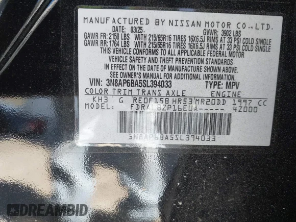 ✅ 2025 Nissan Kicks S • VIN: 3N8AP6BA5SL394033 • Lot: 44608262. Listed on IAAI with 17,621 mi. Free auction sales archive from the USA and detailed vehicle history report at DreamBid. Image 9.