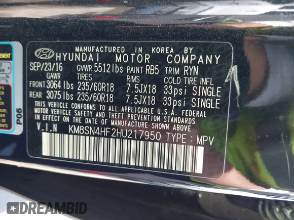 ✅ 2017 Hyundai Santa Fe SE • VIN: KM8SN4HF2HU217950 • Lot: 41861015. Wystawiony na IAAI z przebiegiem 122 655 mil. Bezpłatny archiwum sprzedaży aukcyjnych z USA i szczegółowy raport historii pojazdu na DreamBid. Zdjęcie 9.