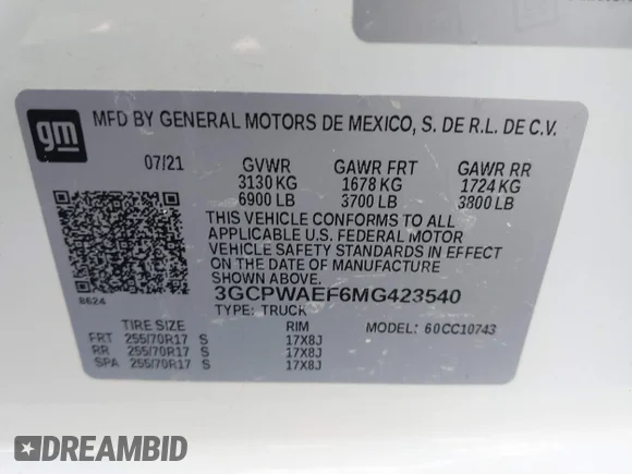 ✅ 2021 Chevrolet Silverado 1500 Work Truck • VIN: 3GCPWAEF6MG423540 • Lot: 42370654. Wystawiony na IAAI z przebiegiem 34 668 mil. Bezpłatny archiwum sprzedaży aukcyjnych z USA i szczegółowy raport historii pojazdu na DreamBid. Zdjęcie 9.