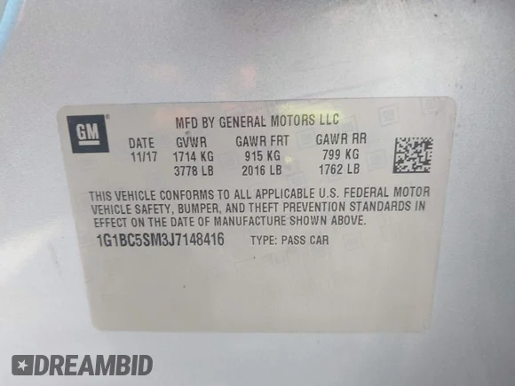 ✅ 2018 Chevrolet Cruze LS • VIN: 1G1BC5SM3J7148416 • Lot: 45144731. Wystawiony na IAAI z przebiegiem 122 611 mil. Bezpłatny archiwum sprzedaży aukcyjnych z USA i szczegółowy raport historii pojazdu na DreamBid. Zdjęcie 9.