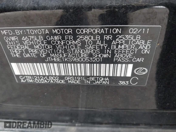✅ 2011 Lexus GS 350 • VIN: JTHBE1KS9B0053201 • Лот: 44120362. Опубликован ранее на IAAI с пробегом 171 104 миль. Бесплатный доступ к архиву аукционных продаж из США и подробный отчёт об истории автомобиля на DreamBid. Изображение 9.