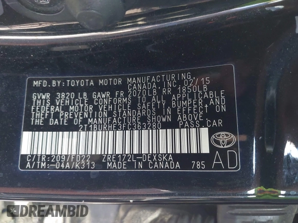 ✅ 2015 Toyota Corolla S Plus • VIN: 2T1BURHE3FC363280 • Lot: 44194011. Wystawiony na IAAI z przebiegiem 170 409 mil. Bezpłatny archiwum sprzedaży aukcyjnych z USA i szczegółowy raport historii pojazdu na DreamBid. Zdjęcie 9.